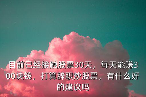 目前已經接觸股票30天，每天能賺300塊錢，打算辭職炒股票，有什么好的建議嗎